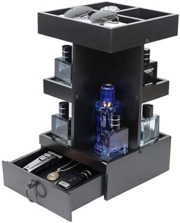 Cologne Organizer for Men,3 Tier Perfume Stand,360 Rotating,Felt Lining Drawer + 3 Compartments,Fit for Different Size/Shape Cologne,Display Holder/Watch/Jewellery,Gift for Husband/Father,Black