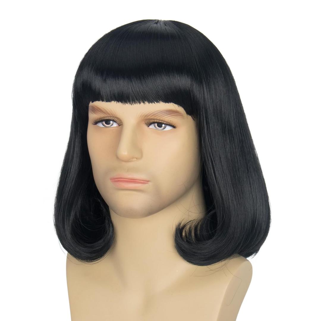 Yan Dream Short Black Bob Wig for Man with Flat Full Bangs Funny Wigs Cosplay Party Wig (Big Head)