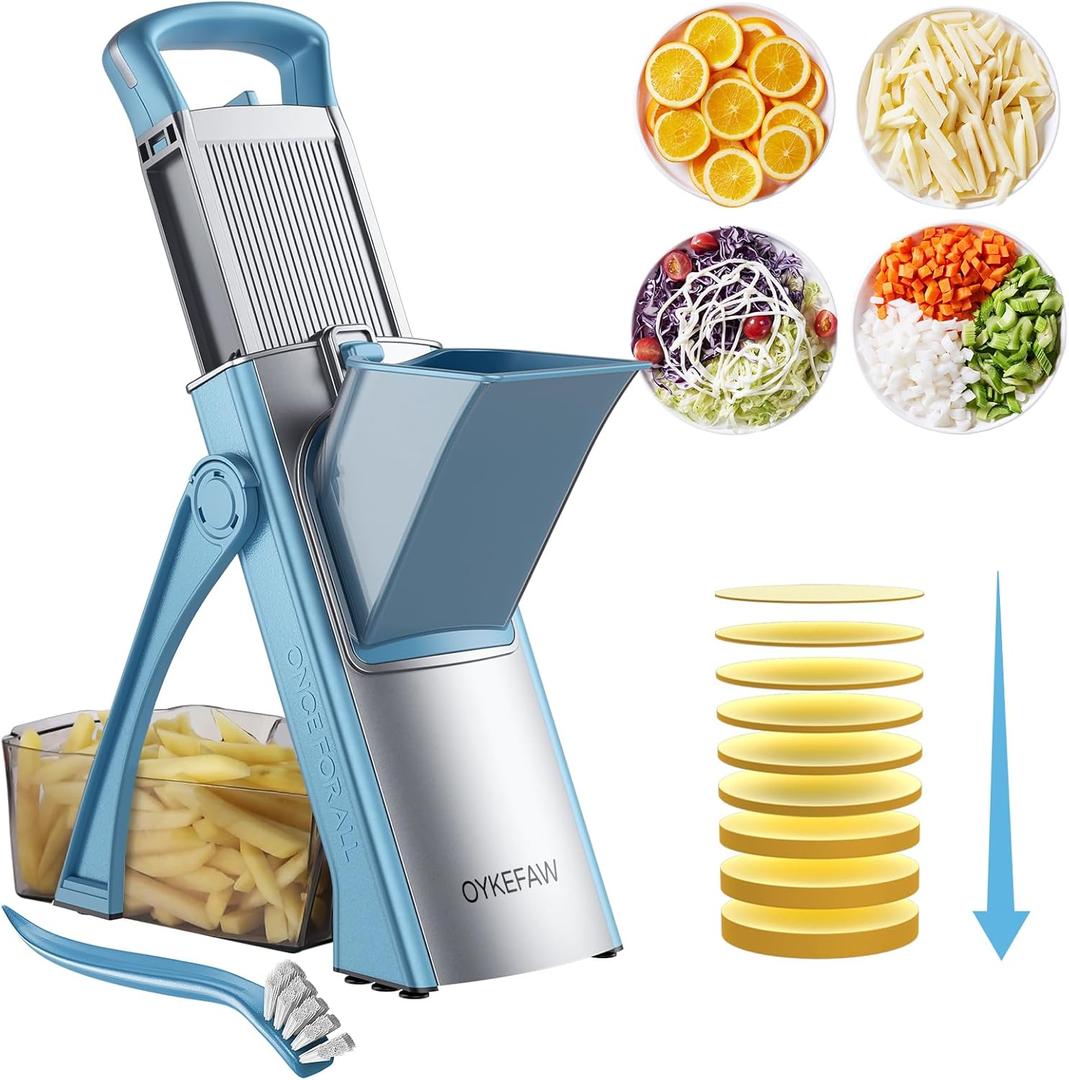 Safe Mandoline Slicer for Kitchen, 6 in 1 Vegetable Chopper, French Fry Cutter For Potatoes, Potato Slicer,Food Chopper,Adjustable Thickness 0.1-8 mm, With Peeler/Cleaning Brush (Blue)
