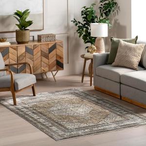 Nuloom Fringed Performance Charvi Light Brown/Beige, 4' x 6'5", Distressed Medallion, Soft and Cozy, High Traffic, Stain Resistant, Easy Clean, Durable Area Rug for Bedroom, Living Room, Dining, Den
