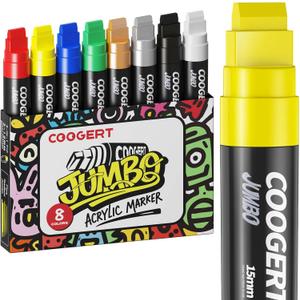 8 Vibrant Colors Jumbo Poster Markers, 15MM Thick Permanent Acrylic Graffiti Markers, Wide Tip Paint Marker for Canvas, Posters Board, Fabric, Window, Wood, Teachers, Banner painting supplies