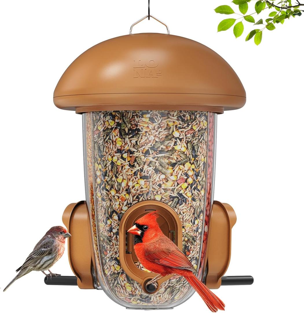 LONA Bird Feeders for Outdoors Hanging  3 Separate Compartments, 3 Feeding Ports, Weatherproof Dome & 3 Ways to Hang, Large Capacity for Cardinals/Finches (BrownPlus (MAX)