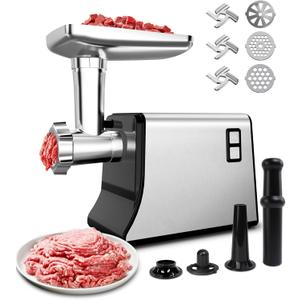 Electric Meat Grinder - Heavy Duty Meat Grinders with 3 Stainless Steel Cutting Blades, 3 Grinding Plates, 1 Sausage Maker & Kubbe Kit for Home Kitchen Use, Silver
