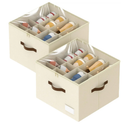 Shoe Organizer for Closet, 2 Pack Shoe Organizer with Clear Cover, Closet Shoe Storage Containers w/Adjustable Dividers, Foldable Storage Bins for Shoes, Fits 16-32 Pairs, Beige