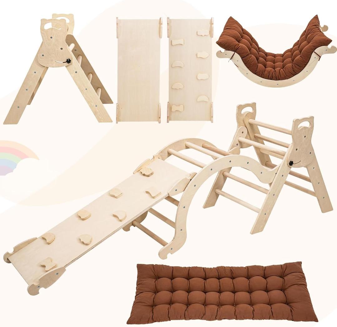 Pikler Triangle Set with Cushion, Arch and Slide, Toddler Climbing Toys Indoor Playground, Montessori Climbing Set, Indoor Jungle Gym, Wooden Pickler-3 Piece Climbing Gym for Kids 1-4yr
