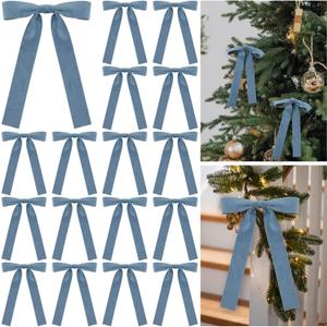 Glitinsel 24 Pcs Velvet Bows Christmas Tree Ornaments Vintage Double Faced Velvet Ribbon Bows for Tree Garland Wreath Indoor Outdoor Xmas(5 x 7 Inch, Width of 1",Dusty Blue)