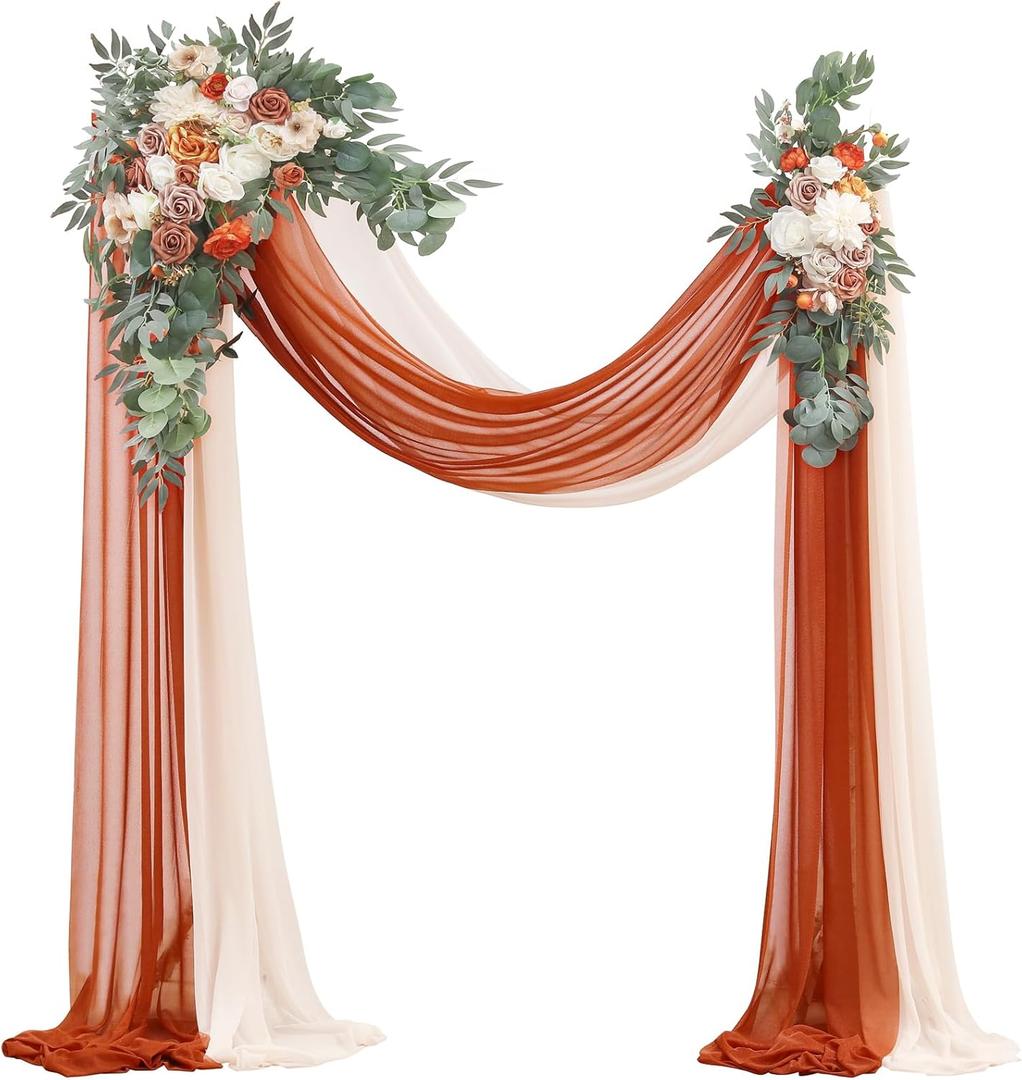 Floroom Arch Flowers with Drapes Kit (Pack of 4) - 2pcs Artificial Terracotta & Cream Floral Swag Arrangement with 2pcs Draping Fabric for Wedding Ceremony Arbor and Reception Backdrop Decoration