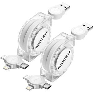 3 in 1 Retractable Multi Charging Cable, 2Pack Multi Fast Charging Cord Retractable Charger Data Sync Cable with iPhone/Type-C/Micro USB Ports for Cell Phones, iPhone Series, Galaxy Series,PS,Tablets