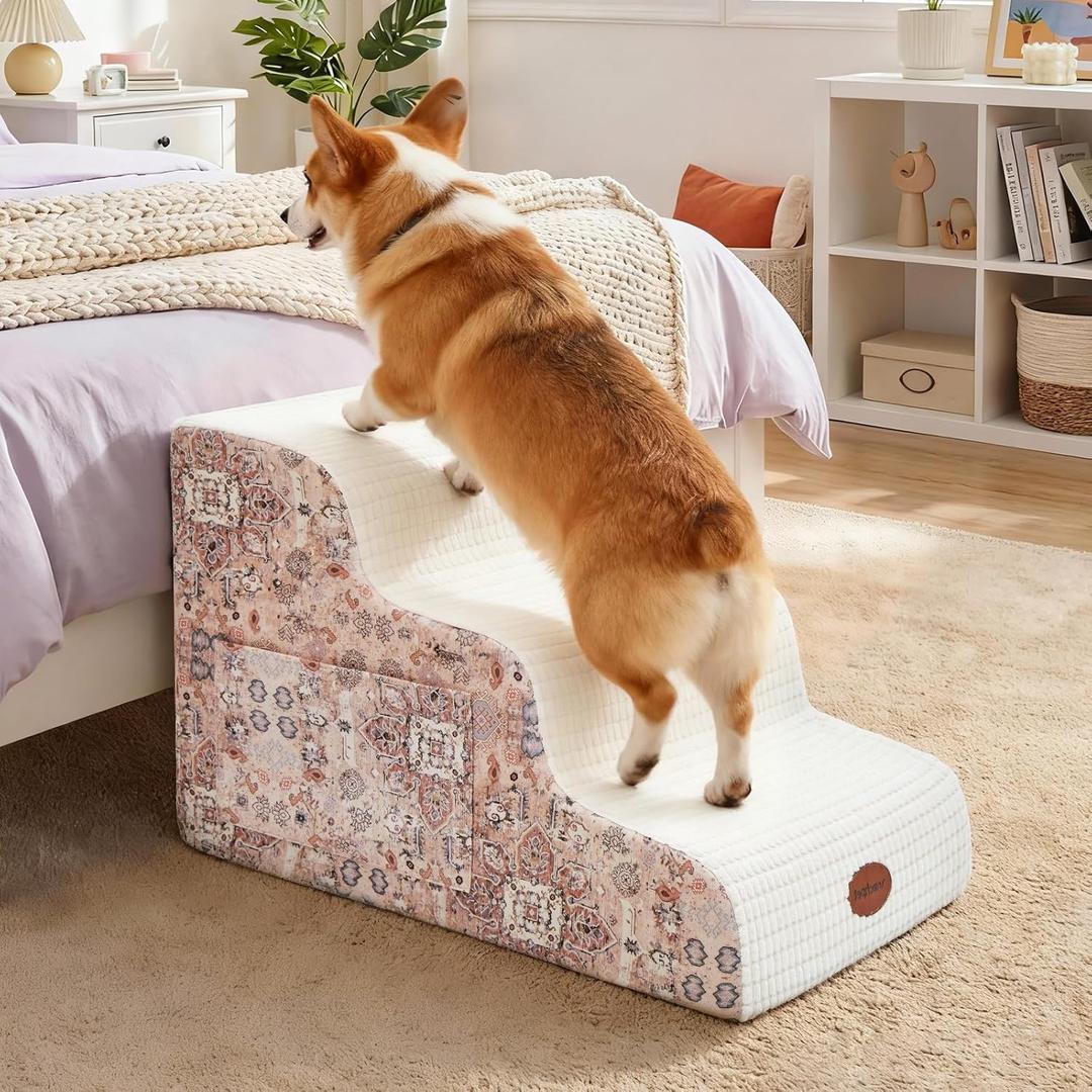 Woochpet 15.7 H Ramp Dog Stairs for Small Dogs, Printed Fabric 3 Tier Wider Curved Pet Stairs for Couch and BedsNon-Slip Bottom for Old Cats with High-Density Foam and Washable Cover