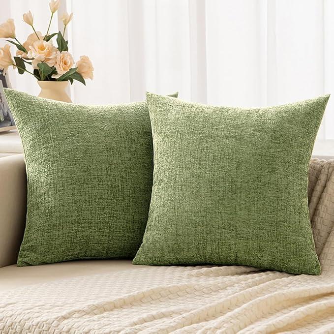 Woaboy Pack of 2 Sage Green Pillow Covers 18x18 Inch Soft Chenille Couch Throw Pillows Solid Color Cushion Covers Home Decoration for Spring Sofa Living Room