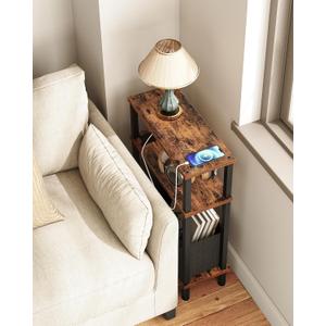 CHOEZON Small Narrow Side Table with Charging Station, Skinny End Table with Fabric Basket, Slim Nightstand for Small Spaces, Sofa Side Table, for Living Room, Bedroom, Rustic Brown and Black TBZ07UBF, 15.7"L x 7"W x 24.4"H