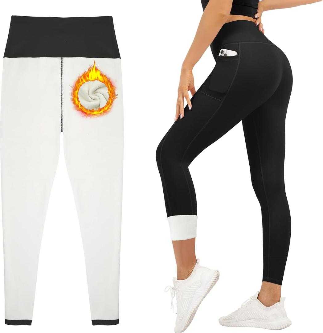 HEGALY Thick Fleece Lined Leggings for Women Tummy Control High Waisted Workout Thermal Warm Soft Yoga Pants for Cold Winter (Medium, Black-Pockets)