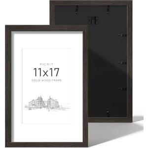 Picrit 11x17 Picture Frame Set of 2, Solid Wood with Black Backboard, Displays 8x12 with Mat or 11 x 17 Without Mat, Wall Mounted, Wall Gallery Photo Frames for Home Decor, Walnut Brown Wood Grain