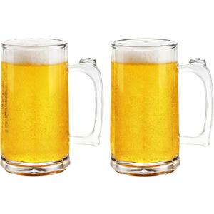 Rerii 18oz Plastic Beer Mugs with Handles Set of 2, Reusable Clear Beer Stein, Plastic Beer Glasses Drinking Cups for Home Hotel Bar Party Wedding & Costume