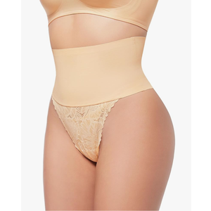 Tummy Control Thong Shapewear for Women Seamless Shapewear Thong Sexy Panty with Lace Body Shaper Underwear Beige S