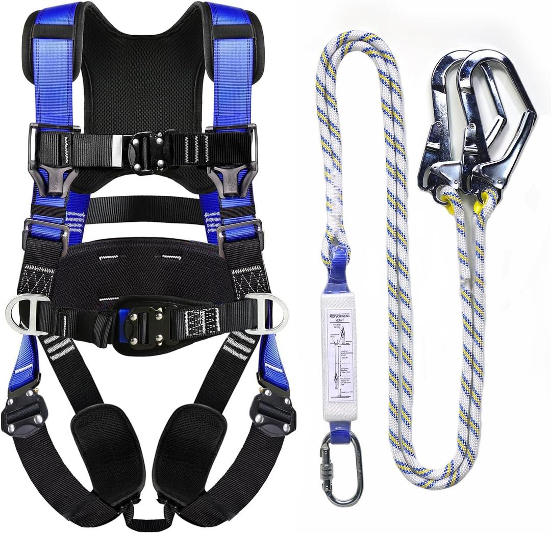 Fall Protection Premium Safety Harness with Shock Absorbing Lanyard, Vented & Padded Shoulder, Legs & Back - Upgrade 4 Quick Buckles (Blue)