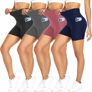 FULLSOFT 4 Pack Biker Shorts for Women with Pockets  5" High Waisted Tummy Control Workout Yoga Running Gym Tennis Shorts (Large-X-Large, 01-4 Pack Black/Navy Blue/Grey/Pink)