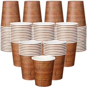Maxcheck 100 Pcs 9 oz Wood Disposable Cups Brown Western Paper Coffee Cups Rustic Western Themed Party Supplies for Vintage Woodland Farmhouse Birthday Camping Baby Shower Party