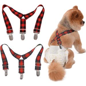 Dog Diaper Suspenders - Dog Suspender for Male or Female Diaper Keeper - Dress, Skirt (Red Grid, Small)