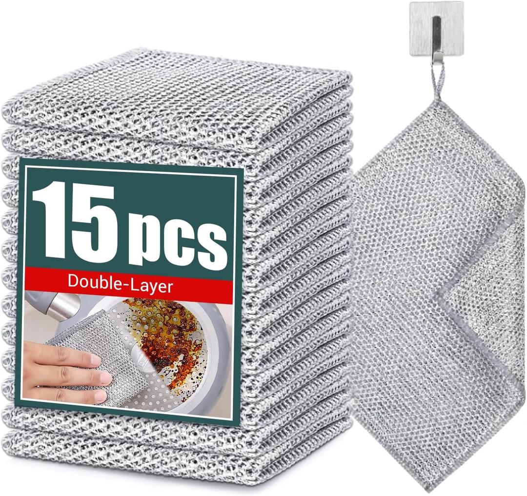 Desolio Cleaning Cloths, Multipurpose Wire Miracle Cleaning Cloths, Multipurpose Wire Dishwashing Rags for Wet and Dry, for Washing Dishes, Sinks, Counters, Stove Tops (15 Pcs)
