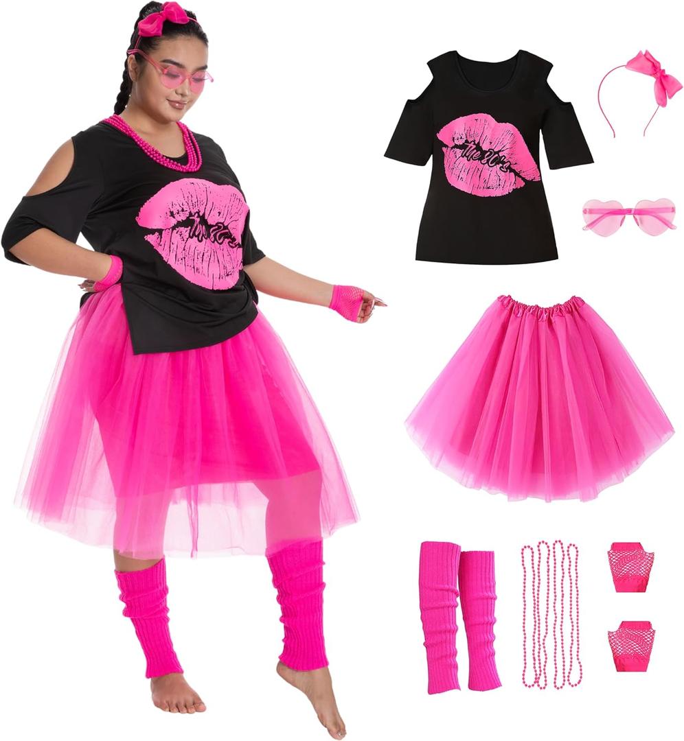 Seawhisper 80s Costumes T-Shirt Tutu for Plus Size Women Girls Halloween Outfit Styles Accessories 12-30 (20-22)