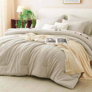 CozyLux Queen Comforter Set Oatmeal, 7 Pieces Bed in a Bag Queen Comforter Set with Sheets, Luxury Soft Bedding Sets with Down Alternative Comforter, Fitted Sheet, Flat Sheet, Pillowcases & Shams