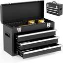 Gornoxblif 3 Drawer Metal Tool Box, Portable Metal Tool Box with EVC Liners and Latches Closure, Heavy Duty Steel Tool Chest with Ball Bearing Opening and Powder Coated Finish, Black
