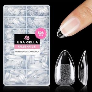 UNA GELLA Short Almond Nail Tips: 504PCS Short Fake Nails Soft Press On Gel Nail Tips Pre Shaped Almond Shape Home Nail Extension Full Cover, 12 Sizes Acrylic Gelly Tips