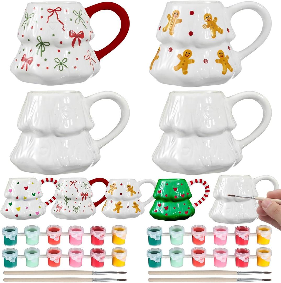 4 Set Christmas Tree Mug Paint Your Own Mug Craft Kit with Paints and Brush Ceramic Christmas Coffee Mugs DIY for Adults Xmas Festive Holiday Gift