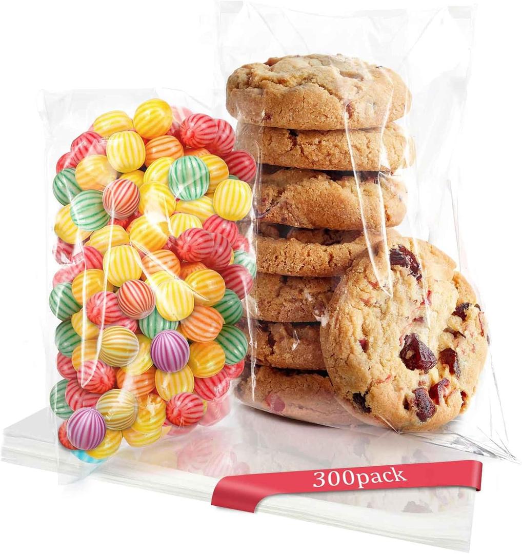 300 PCS Clear Cellophane Cookies Bags Self Sealing with 4x6"150 PCS& 5x7"150 PCS) - Resealable Plastic Treat Bags Self Adhesive for Packaging Cookies, Party Favors, Bakery