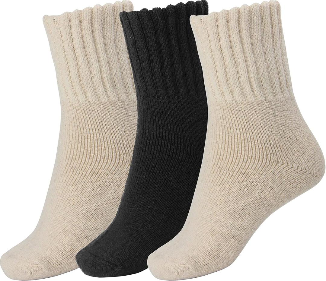 BomKinta Boot Socks for Women Winter Solid Thick Warm Socks Cozy Crew Socks Christmas Gift (Medium, Cream Cream Black -3 Pairs)