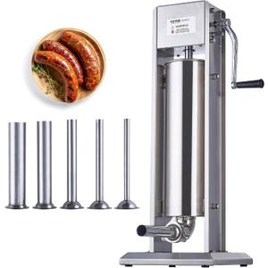 VEVOR Manual Sausage Stuffer, 7 L / 15 LBS Vertical Sausage Machine, Dual-Speed Meat Stuffer, Made of Food-Grade 304 Stainless Steel, Includes 5 Stuffing Tubes, for Home Kitchen Restaurant Commercial