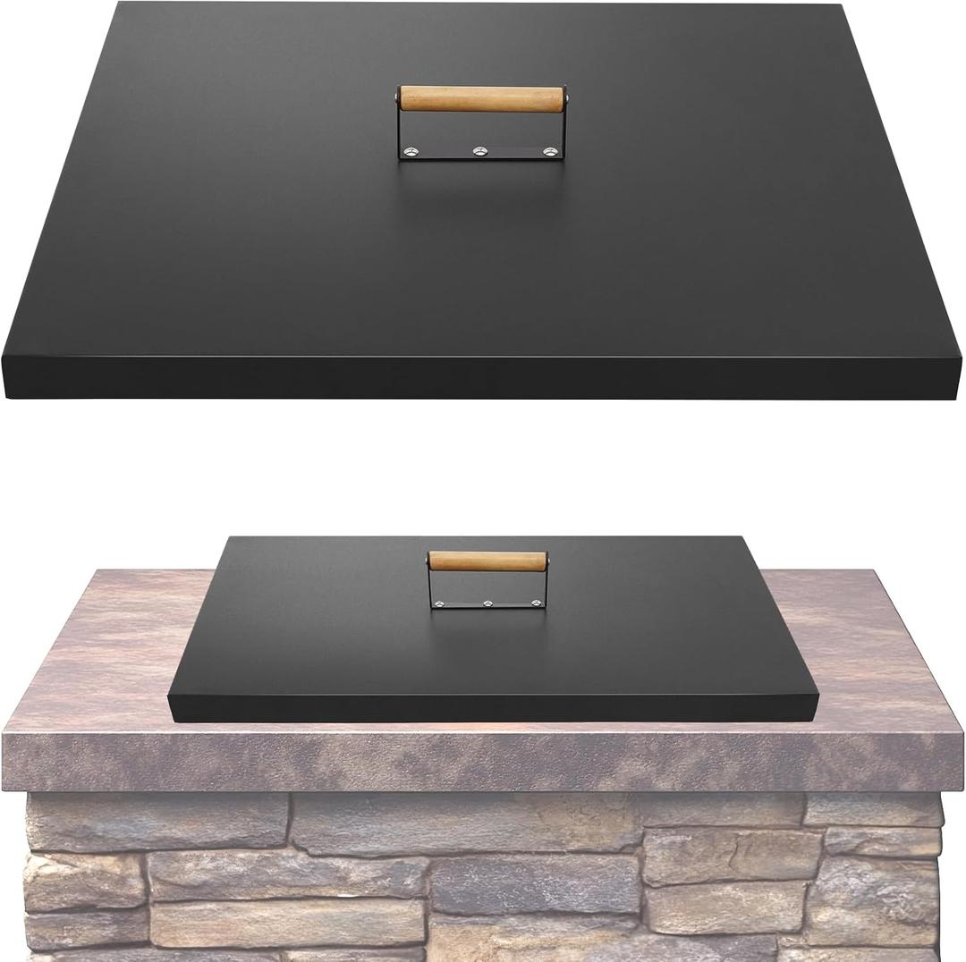 Fire Pit Lid Square 28", Heat Resistant Metal Firepit Cover with 2 Wooden Handles for Square Patio Fire Pit, Compatible for Firepits Inside Dia Up to 26"