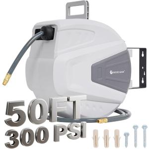 G GOOD GAIN Air Hose Reel Retractable 3/8 in x 50 ft Hybrid Polymer Hose, Air Compressor Hose Reel Retractable Auto-Rewind Enclosed 180 Swivel Mount, Max 300PSI Commerical Polypropylene Grey
