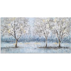 NdcSkyArt Blue Grey Tree Paintings Hand Painted Canvas Wall Art with Gold Foil Modern Abstract Grey Contemporary Rustic Farmhouse Family Tree Landscape Pictures Scenery Artwork, 32"L x 16"W
