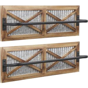 2PCS Rustic Bathroom Towel Rack, Butizone Wall Mounted Towel Bar Holder with Weathered Wood and Corrugated Galvanized Metal, Farmhouse Rack for Hanging Towel (Towels are not Included) (Brown - 2 Pack)