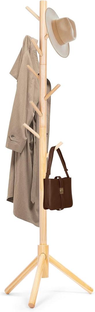 Wooden Coat Rack Freestanding with 8 Hooks & 3 Adjustable Sizes for Clothes, Space-Saving Design for Bedroom Office Entrance Holds Hats Coats Scarves Bags