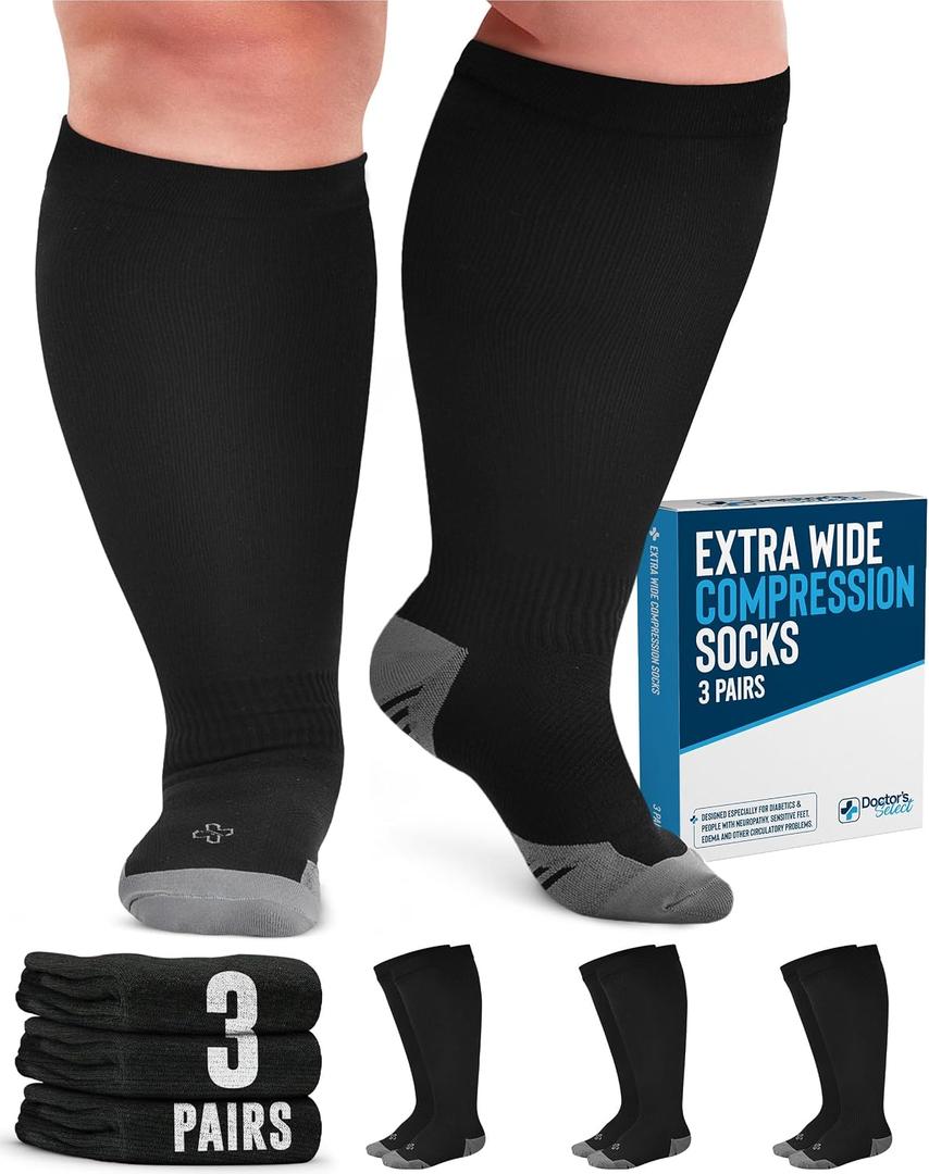 Doctor's Select 3 Pairs Plus Size Compression Socks Wide Calf | 20-30 mmHg Compression Socks for Women Wide Calf (Black, XX-Large )