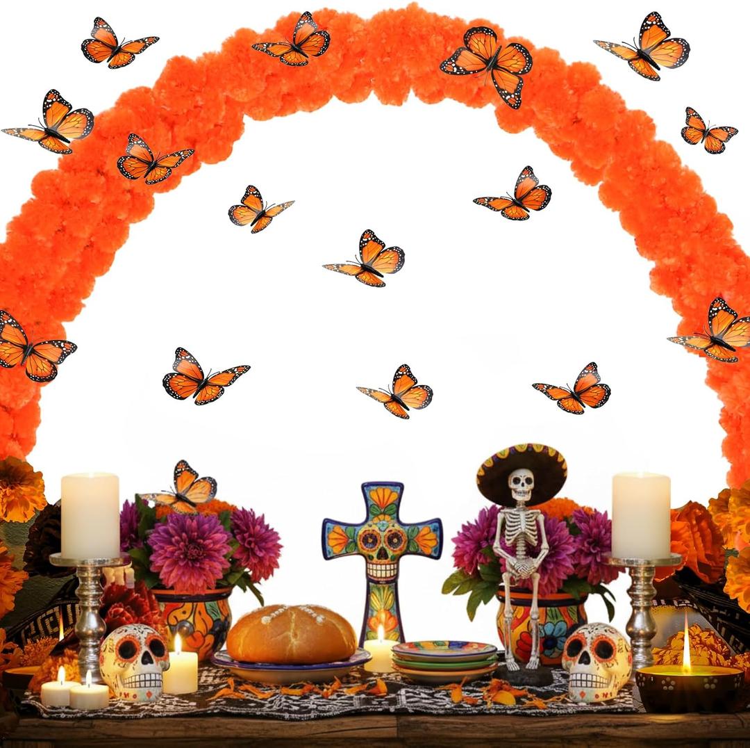 26pcs Day of The Dead Marigold Arch Set Includes Artificial Marigold Garland Arch 2 Fixing Brackets Plastic Ties and Simulated Monarch Butterfly for Day of The Dead Altar Table Decoration