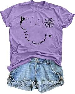 Happy Halloween Shirts Women Magical Halloween T Shirt Funny Spider Web Graphic Shirts Spooky Season Tee Tops (Medium, Purple)