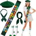 Halloween Girl Scout Costume Set for Women Blackish Green Beret Sash Scarf Socks Tattoos Bowtie Party Dress Up
