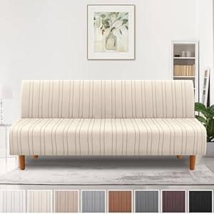 H.VERSAILTEX Stretch Futon Slipcover Armless Sofa Cover Furniture Protector Without Armrests Slipcover Soft with Elastic Bottom for Kids, Spandex Jacquard Modern Stripe Design, Natural