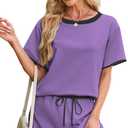 Womens 2 Piece Skort Set 2026 Color Block Short Sleeve Top Drawstring Skort Matching Sets Casual Lounge Summer Outfit (Purple, S)