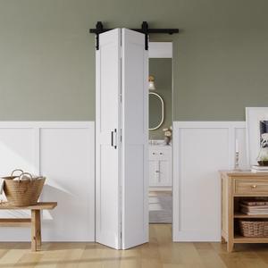Bifold Barn Door 30" x 84", MDF Bi-Fold Sliding Closet Doors with Hardware Kit Included, Pre-Finished Easy Assembly, Water-Proof PVC Surface & Save Space, H-Frame, 34" Track for 2 Doors,White