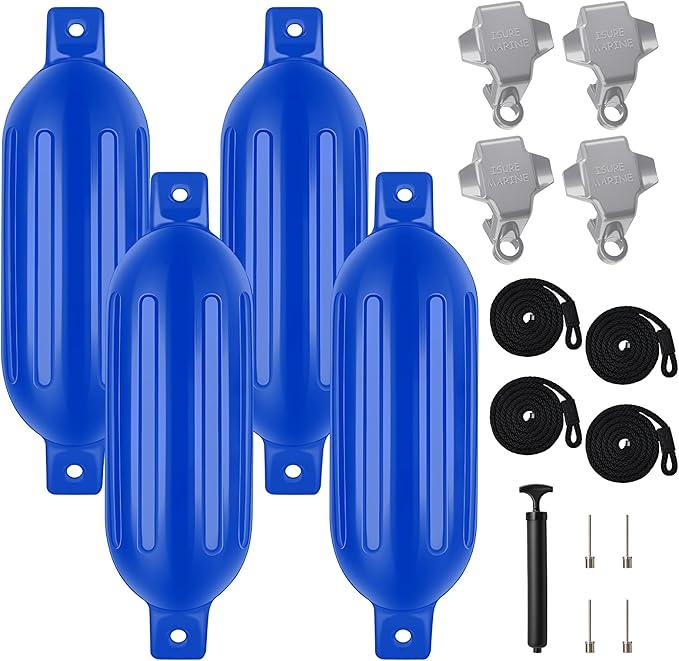 4 Pack Boat Bumper for Docking Inflatable Boat Fenders with 4 Boat Bumper Clips 4 Ropes 1 Pump and 4 Needles for Buoy Pontoon Boat Marina Dock Protector (4.5 x 16 Inch, Blue)