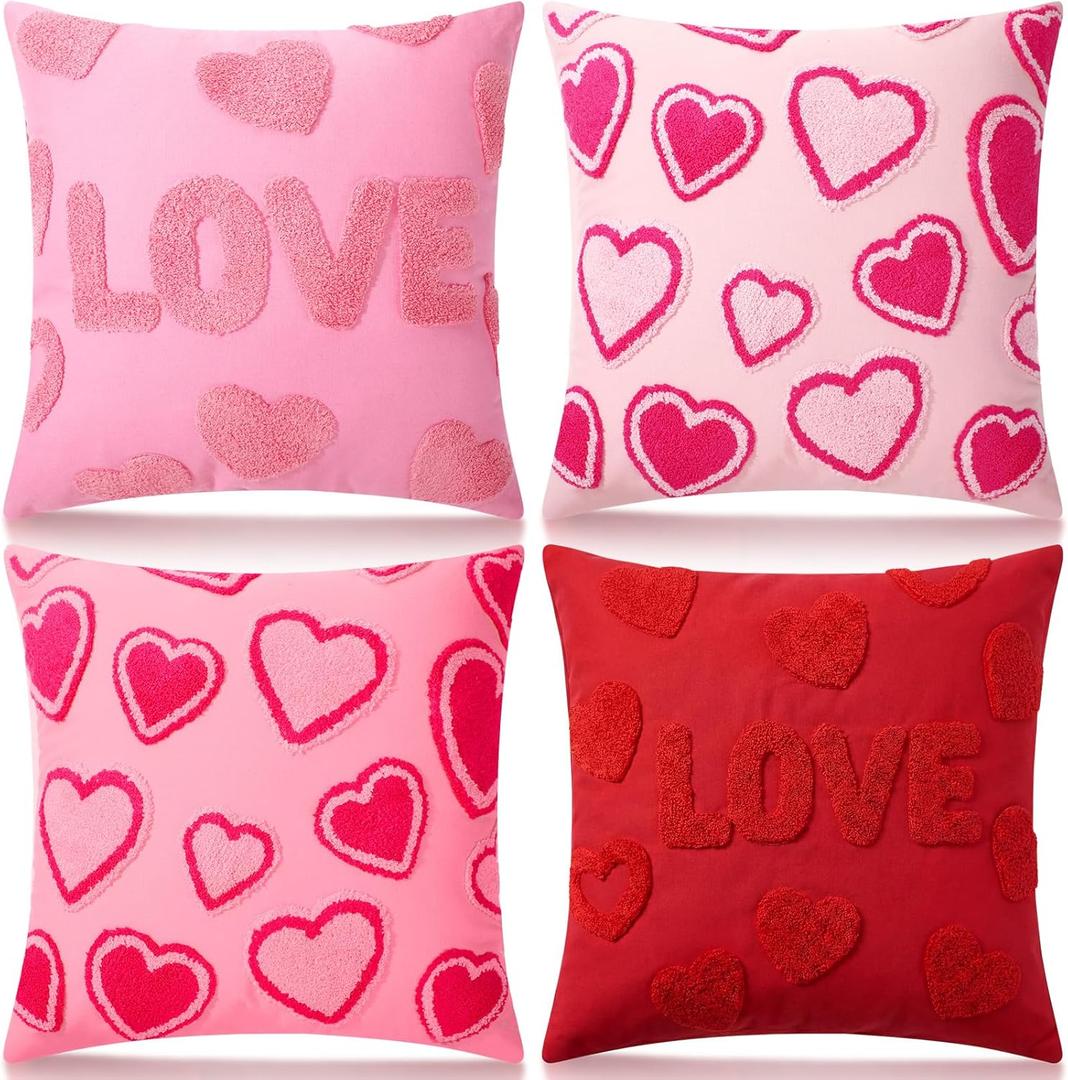 4 Pack Embroidered Valentines Throw Pillow Covers 18 x 18 Red Hearts Decorative Accent Throw Pillow Covers with Zipper Faux Fur Plush Pillows Cover for Valentines Day Couch Sofa Home Decor