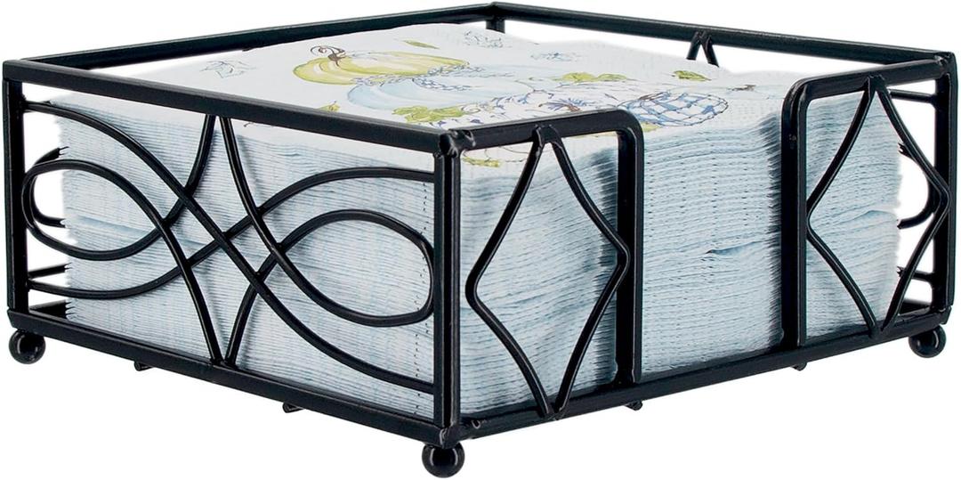 Boston International Napkin Caddy Metal Lunch Napkin Holder, Holds 6.5" x 6.5" Napkins, Wave- Black