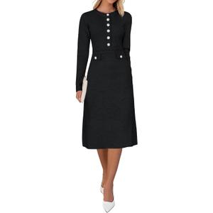 Saodimallsu Women's Fall Long Sleeve Sweater Dress Knit Bodycon Crew Neck Button Decor. Elegant Formal Midi Dresses (Black, L)