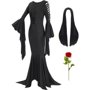 Adult Black Gothic Dress for Women Halloween Costumes with Accessories for Vampire Witch Costume Dress Up (Medium)