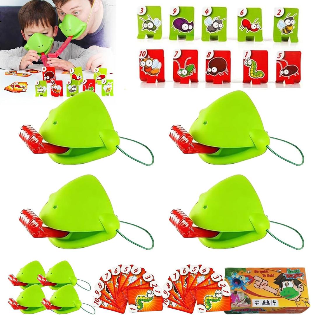 Chameleon Tongue Shooting Game with Blowing Air - 4PC Multiplayer Party Set for Kids w/Frog Masks & Insect Cardboard Targets